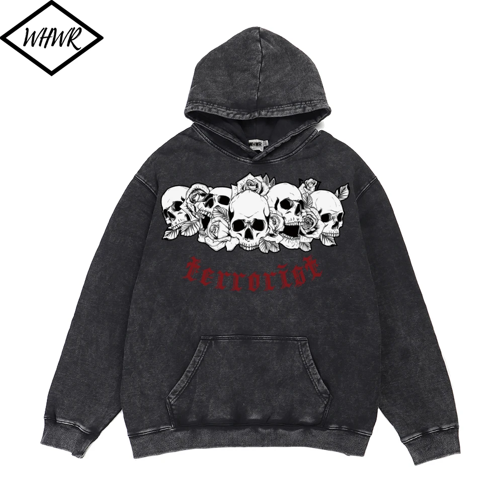 

Hip Hop Streetwear Wash Retro Hooded Men Long Sleeve Sweatshirt Skull Pattern Printed Gothic Hoodies Casual Mens Y2K Clothes