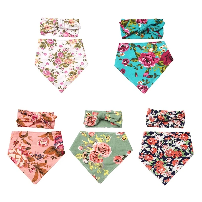 

2 Pcs Baby Feeding Drool Bib Headband Set Double Side Floral Print Bib Hair Band