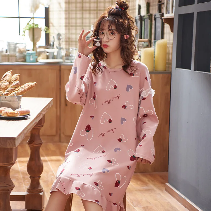Spring and Autumn Ladies Nightdress Casual Long-sleeved Nightdress Home Service Sexy Nightwear Sleep Tops Sleepwear Women