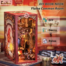 CUTEBEE Book Nook Doll House 3D Puzzle With Touch Light Dust Cover Magic Gift Ideas Bookshelf Insert Toy Gifts Flame Common Room