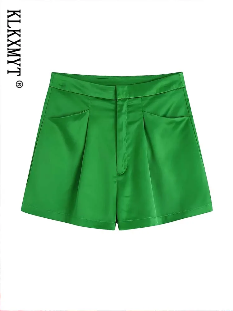 

TRAF Women Shorts 2022 Fashion Satin Shorts Vintage High Waist Side Pockets Zipper Female Short Pants Mujer