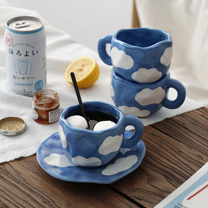 

320ML Handmade Irregular Ceramic Coffee Cup and Saucer Set Flower Painted Reusable Oatmeal Milk Tea Mug with Handle Hotel Use