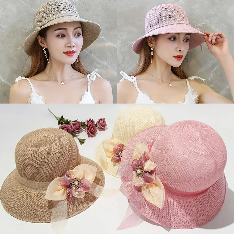 

Pearl Flower Women Hats Lace Sun Bucket Cap For Ladies Summer Beach Seaside Foldable Hollow Breathable Sunscreen Big Straw Hats