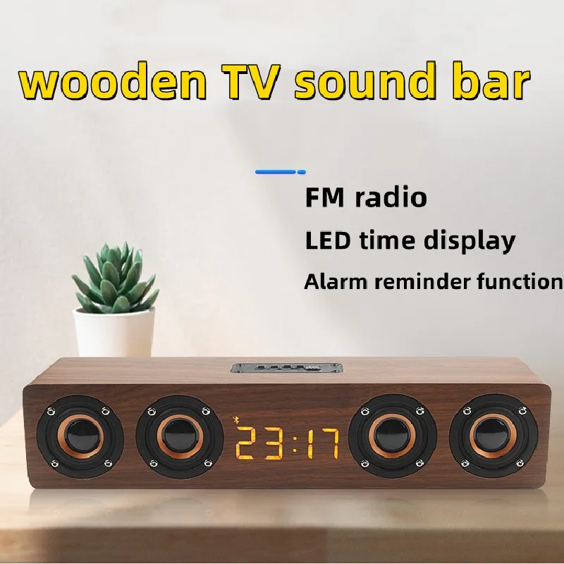 

Wooden Soundbar BT Sound Box Music Acoustic System W8C Stereo Music Surround LED Clock Outdoor Bluetooth Speakers with FM Radio