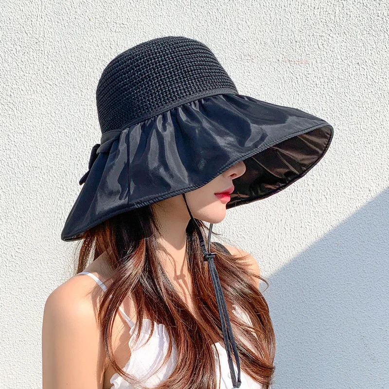 

Summer Sun Hats for Women Hollow Breathable Shade Straw Hat UV Protection Large Brim Bow Fisherman Hat Female Beach Hat