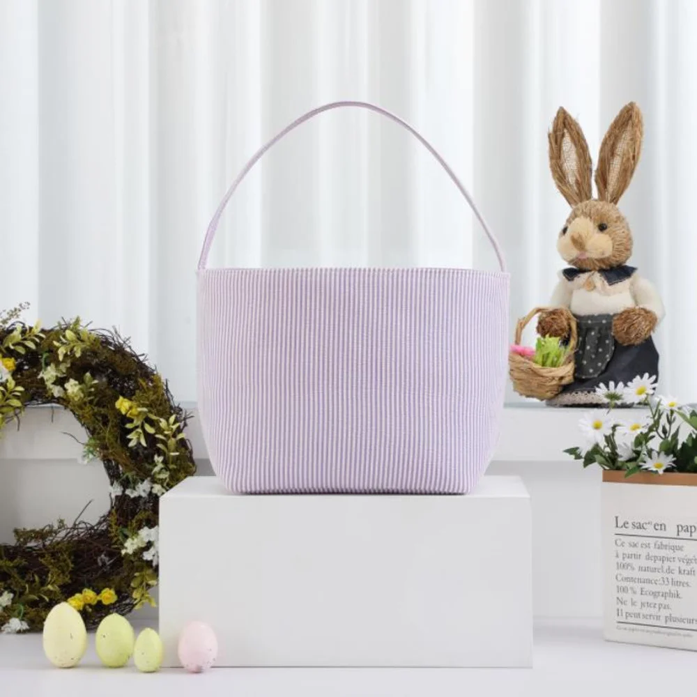 

20pcs Wholesale Easter Bunny Basket Candy Color Tote Bag With Single Handle Seersucker Easter Bucket Huge Storage Easter Gift