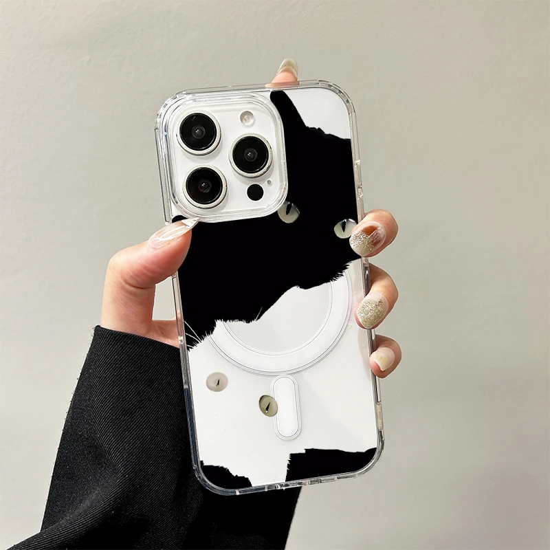 Фото Чехол с беспроводной зарядкой Black White Cat для iPhone 17 Air 16 E 15 14 Plus 13 12 Mini 11 Pro Max, прозрачный силиконовый чехол с краями №4
