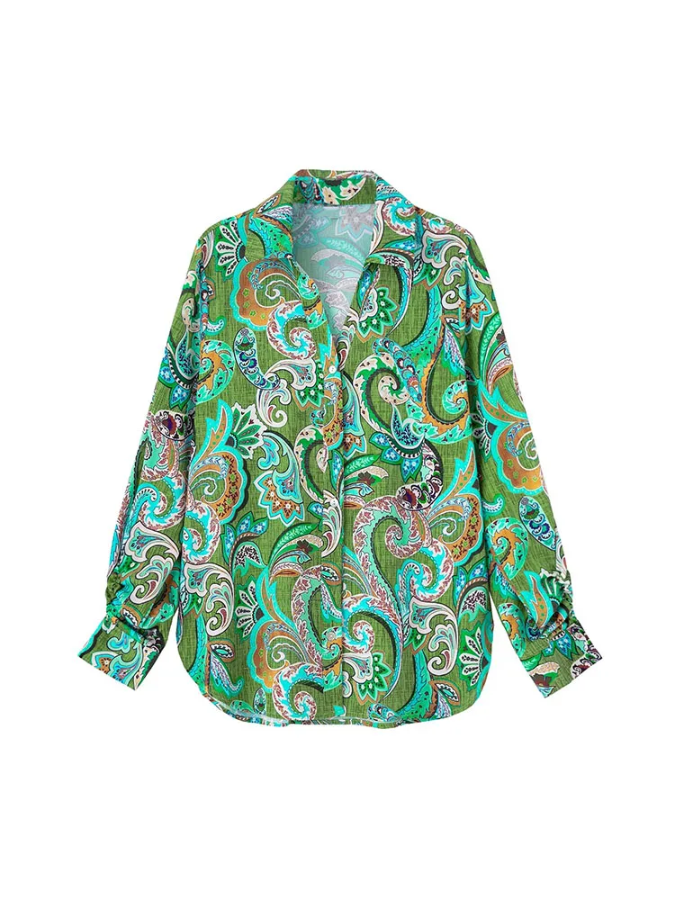 

DYLQFS 2022 Spring Women Fashion Printed Shirt Versatile Folds Long Sleeve Single-breasted Lapel Female Shirt Chic Top
