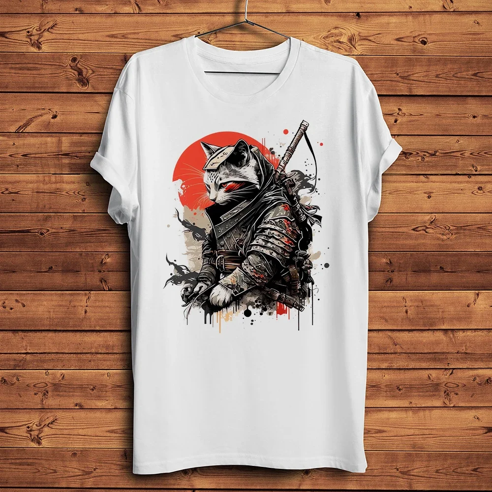 Фото Neko Samurai Ninja Cat Warrior Funny Meow футболка, мужская повседневная футболка с короткими рукавами Homme, уличная футболка унисекс с мангой, дышащая №2