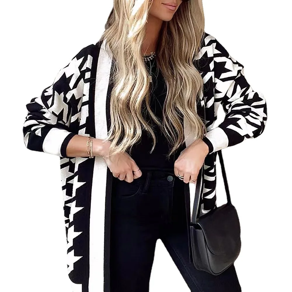 

Women Trench Coat 2022 Spring Autumn New Fashion Loose Thousand Bird Check Printed Long Sleeved Cardigan Ladies Casual Outerwear