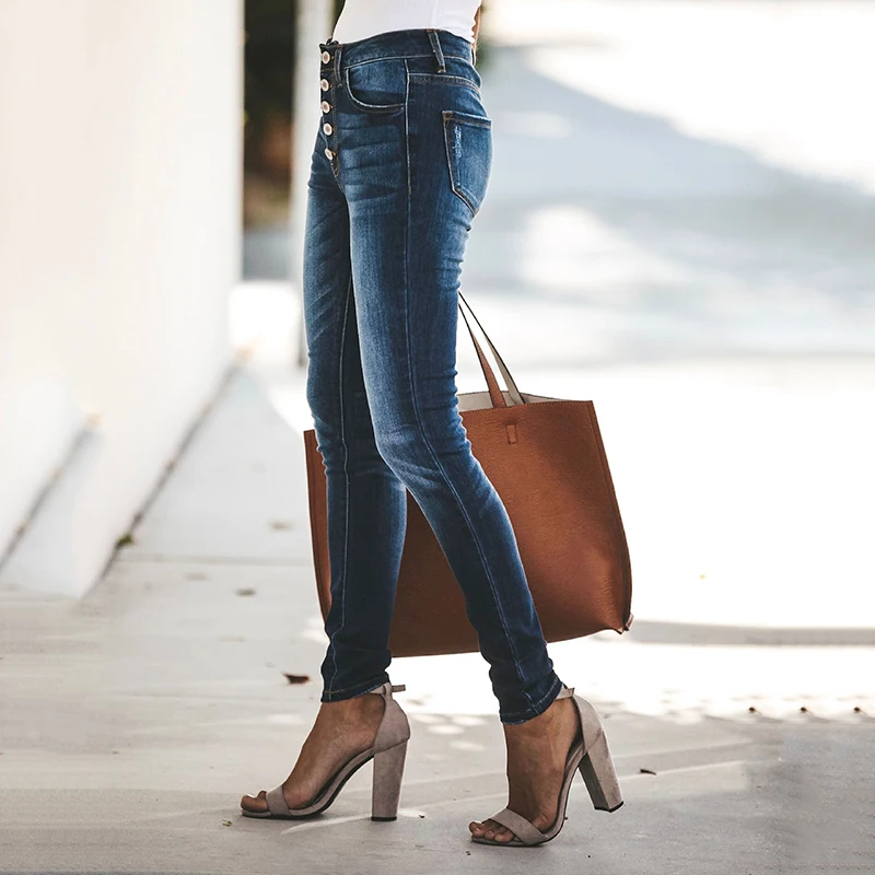 Fashion women button holes, women's feet, 3 colors, women's skinny jeans, street jeans, cotton high-waist pants, slim stretch