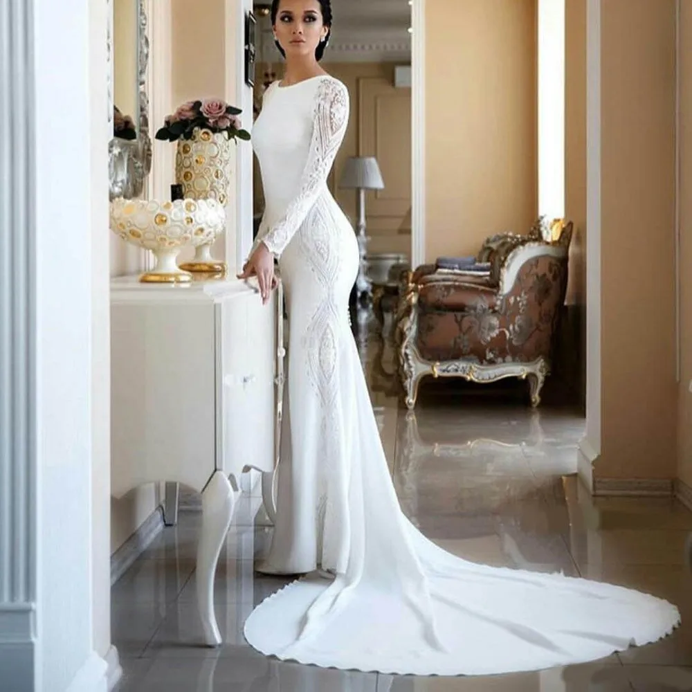 

Gorgeous Womens Long Mermaid Wedding Dress Full Sleeves Court Train Lace Appliques Vestido De Novia Button Bridal Gown 2022