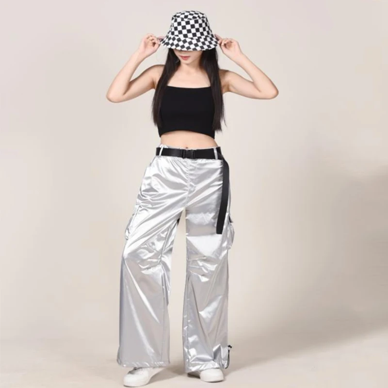 Одежда для взрослых в стиле хип-хоп костюм K-POP женские серебристые черные кожаные