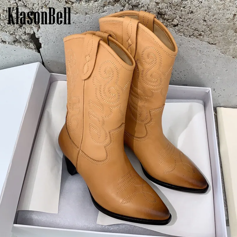 

10.9 KlasonBell Retro Embroidery Print Pointed Toe Pumps Thick Heel Mid-Calf Genuine Leather Women Boots