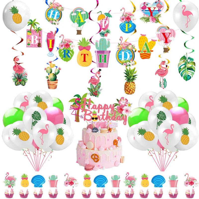 

Hawaiian Themed Birthday Party Decorations Rainbow Cactus Banner Flamingo Pineapple Leaf Print Balloon Set Party Supplies