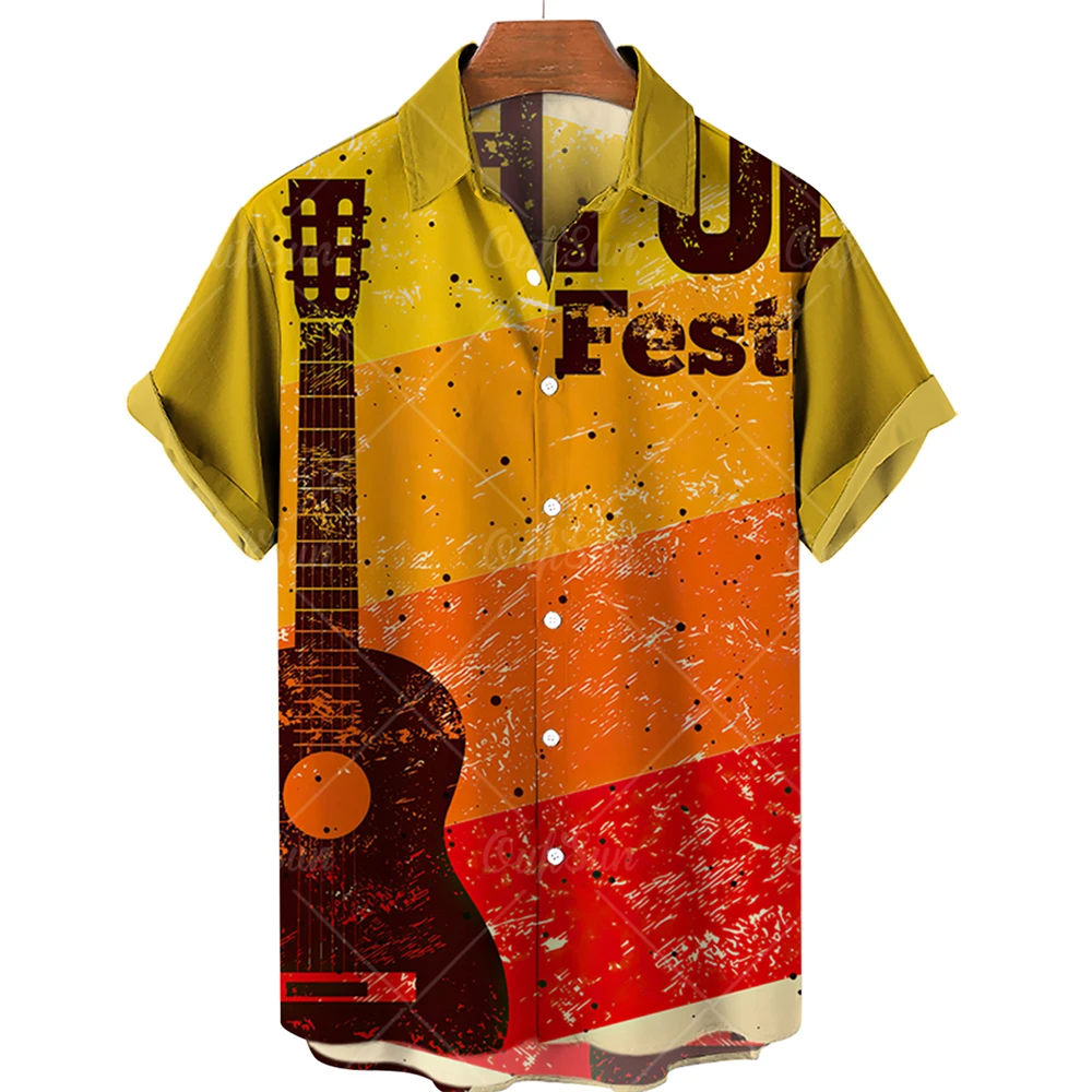 

2023 Men's Shirts One Button Hawaiian Casual Shirts Men's Musical Instrument Shirts Stripe Print Short Sleeve Beach Camicias 5xl