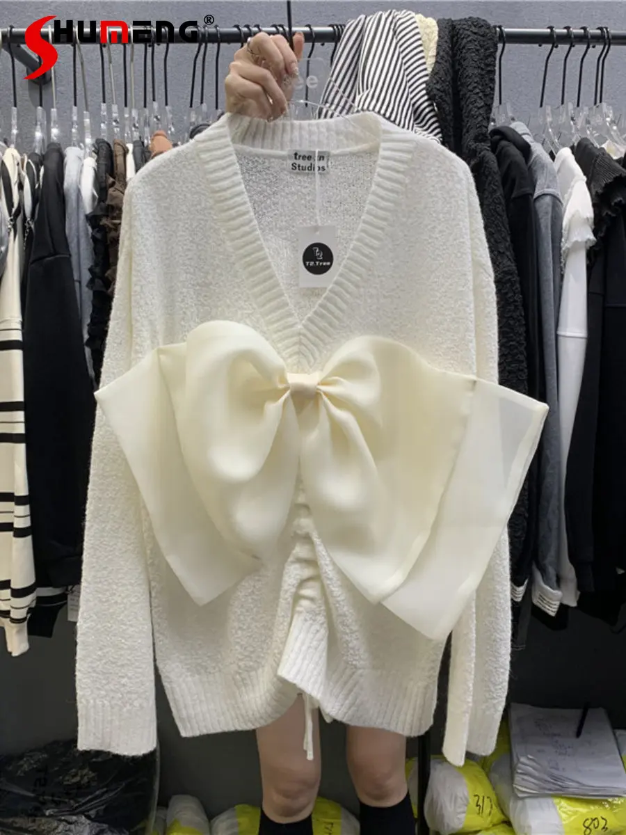

European 2023 Spring New Fashion Simple V-neck Pleated Bow Knitted Top Women's Sweet Elegant Loose V-neck Pullover Sweater