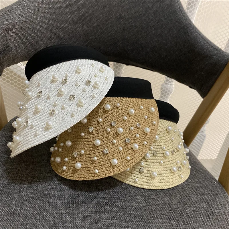 

Summer Empty Hat Female Lafite Grass Pearl Straw Hat Holiday Travel Sunscreen Cap Folding Web Celebrity Hat Fashion Elegant Art