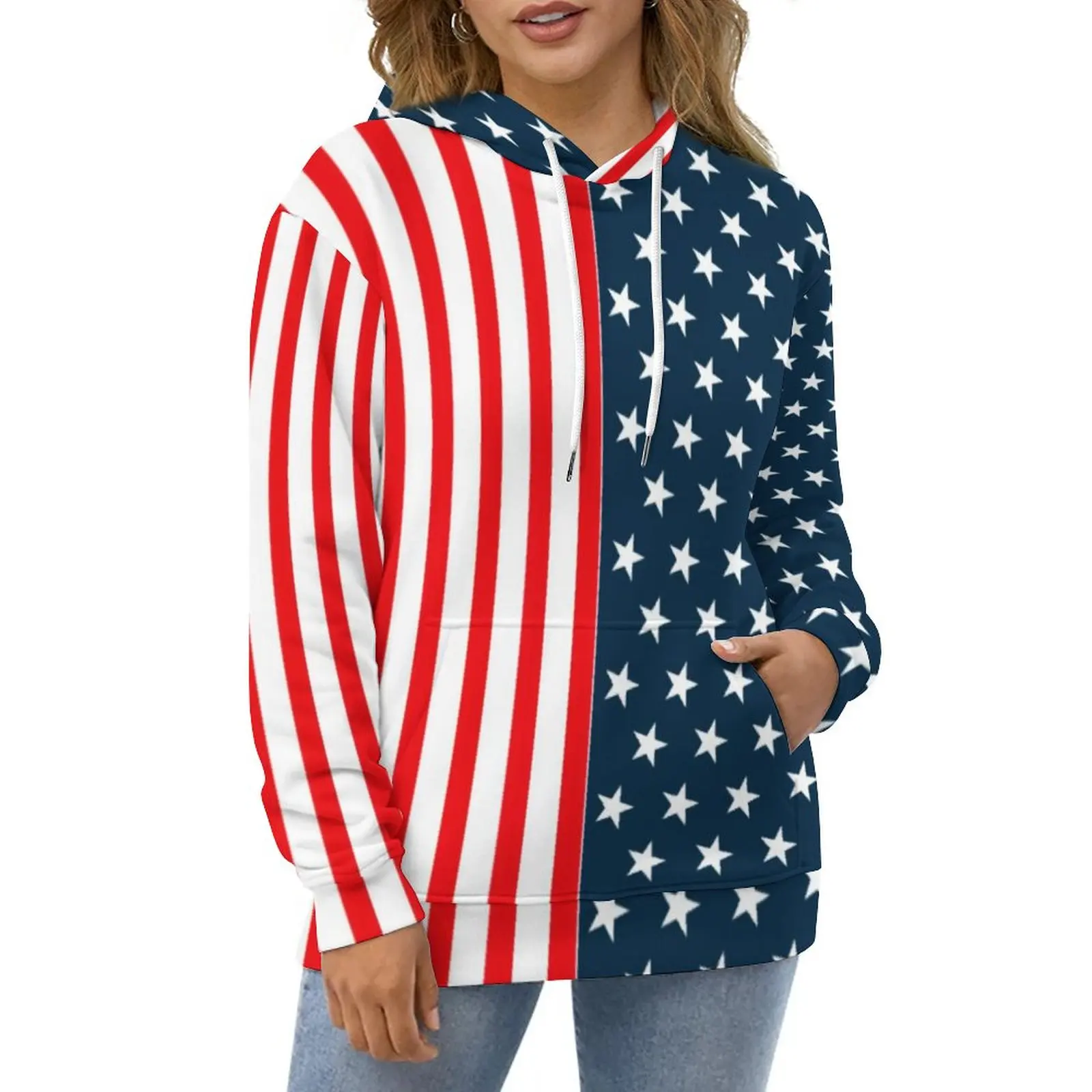 

Two Tone Striped Casual Hoodies American Flag Stars and Stripes Kawaii Design Loose Hoodie Long Sleeve Harajuku Oversize Clothes