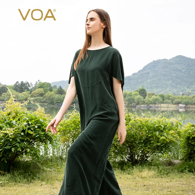 

VOA 45 Momme Heavy Mulberry Silk Green O-neck Short Sleeve Loose Skin-friendly Comfortable Wide-leg Silk Jumpsuit Women KE703