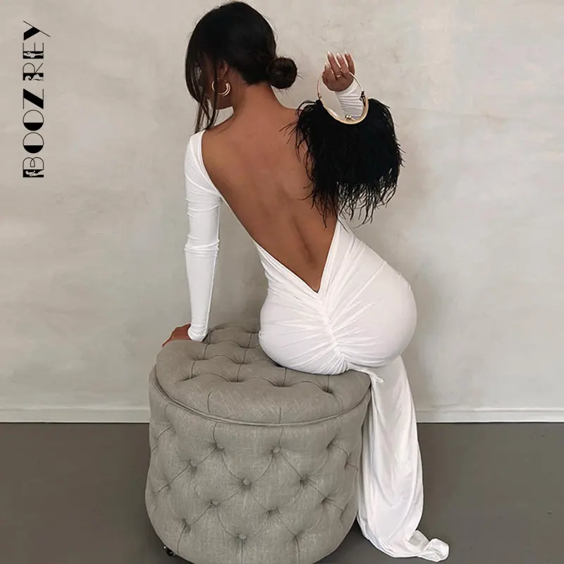 

BoozRey Sexy Open Back Long Dress for Women Elegant Solid Backless Shirring Maxi Dresses Party Club Clothing Slim Evening Outfit