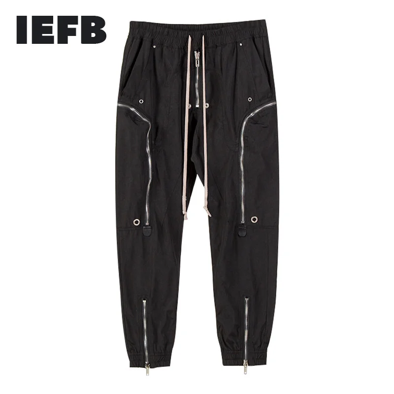 IEFB High Quality Male's Trousers Streetwear Multi Zipper Trend Men's Casual Pants Drawstring Elastic Waist Ankle-length Pants