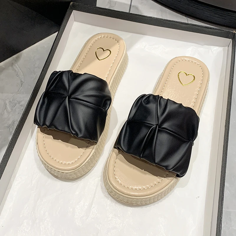 Thick Platform Women Slippers 2023 New Trend Street Summer Slippers For Women Sandals Green Black Pleated Flat Outdoor Shoes