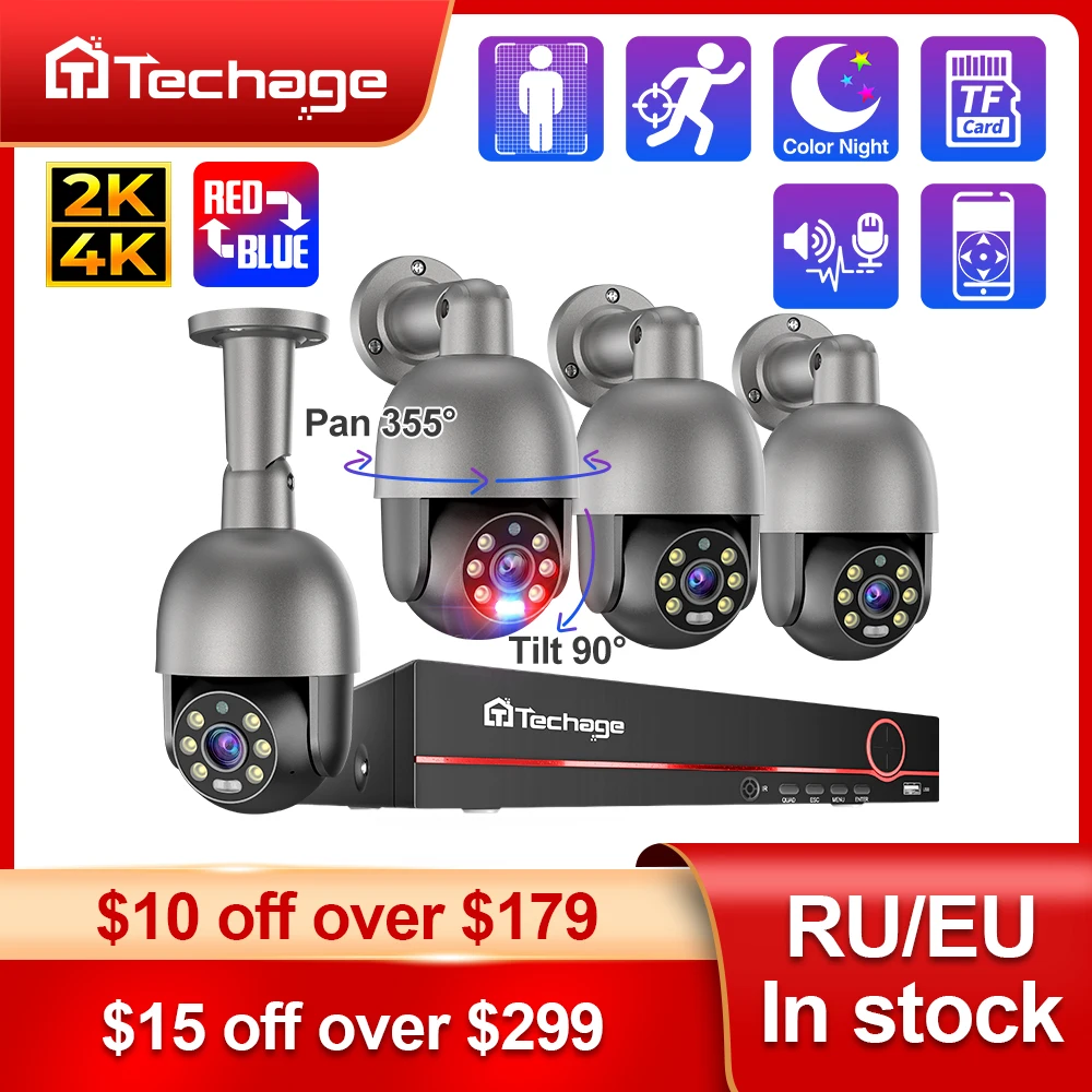 Techage 8CH 4MP 5MP 8MP PTZ Security POE IP Camera System Outdoor AI Human Detection Two Way Audio Video Surveillance Camera Kit