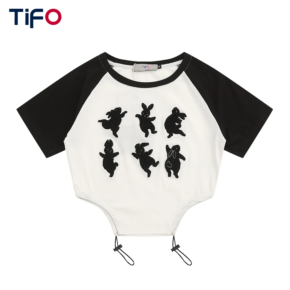 

Rabbit Towel Embroidery T-shirt Women Summer Hem Irregular Drawstring Hot Girl Crew Neck Short Sleeve Top Lady