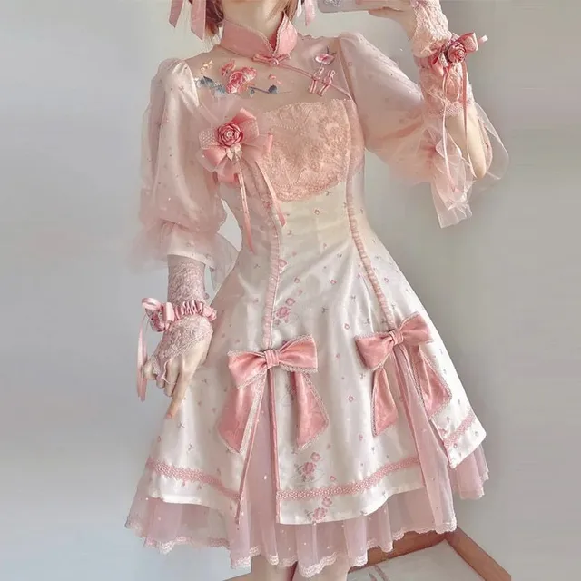 Chinese style sweet lolita cosplay cute girl op cheongsam embroidery disc button stand collar flower bow mesh puff sleeve dress