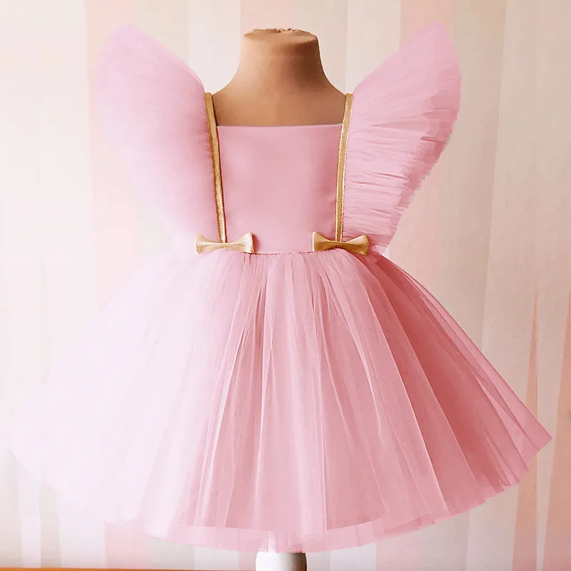 

Summer Baby Girls Dresses Fly Sleeve Bow Birthday Gown Infant Party Tulle Tutu Princess Newborn Birthday Toddler Gril Clothes