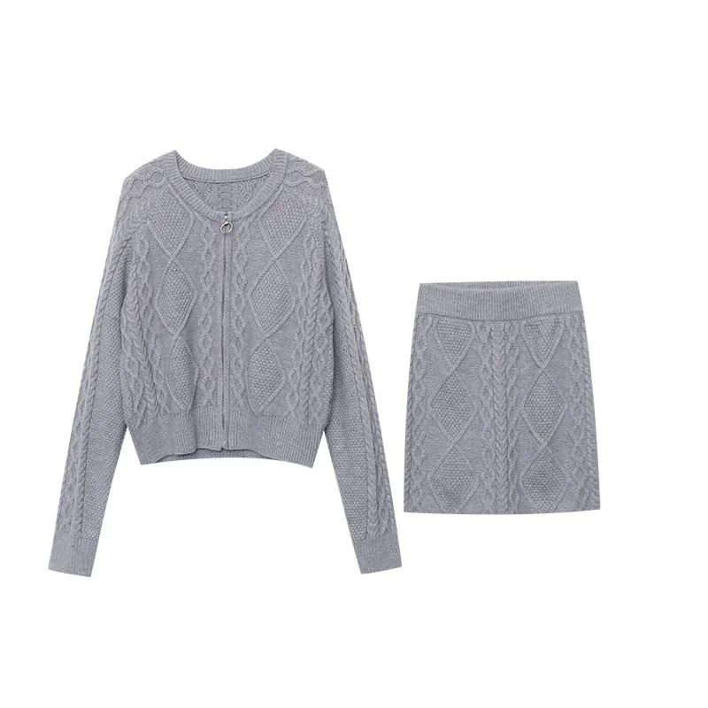 Женский Повседневный мягкий ромбовидный вязаный кардиган костюм с юбкой серый