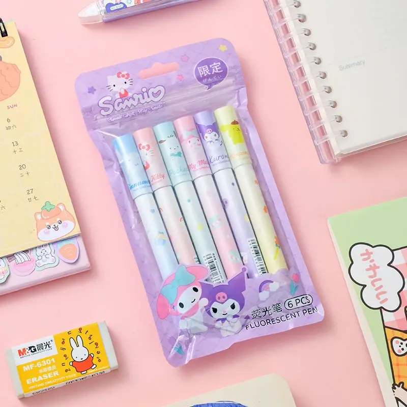 

6Pcs Kawaii Sanrio Highlighter Pen Hello Kitty My Melody Kuromi Color Marker Pen Student Painting Graffiti Pen School Supply Set