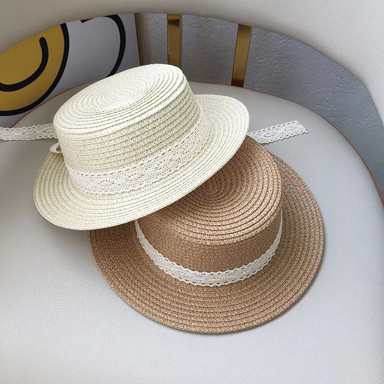 Соломенная шляпа с бантом для девочек простая пляжная от солнца бежевым кружевом
