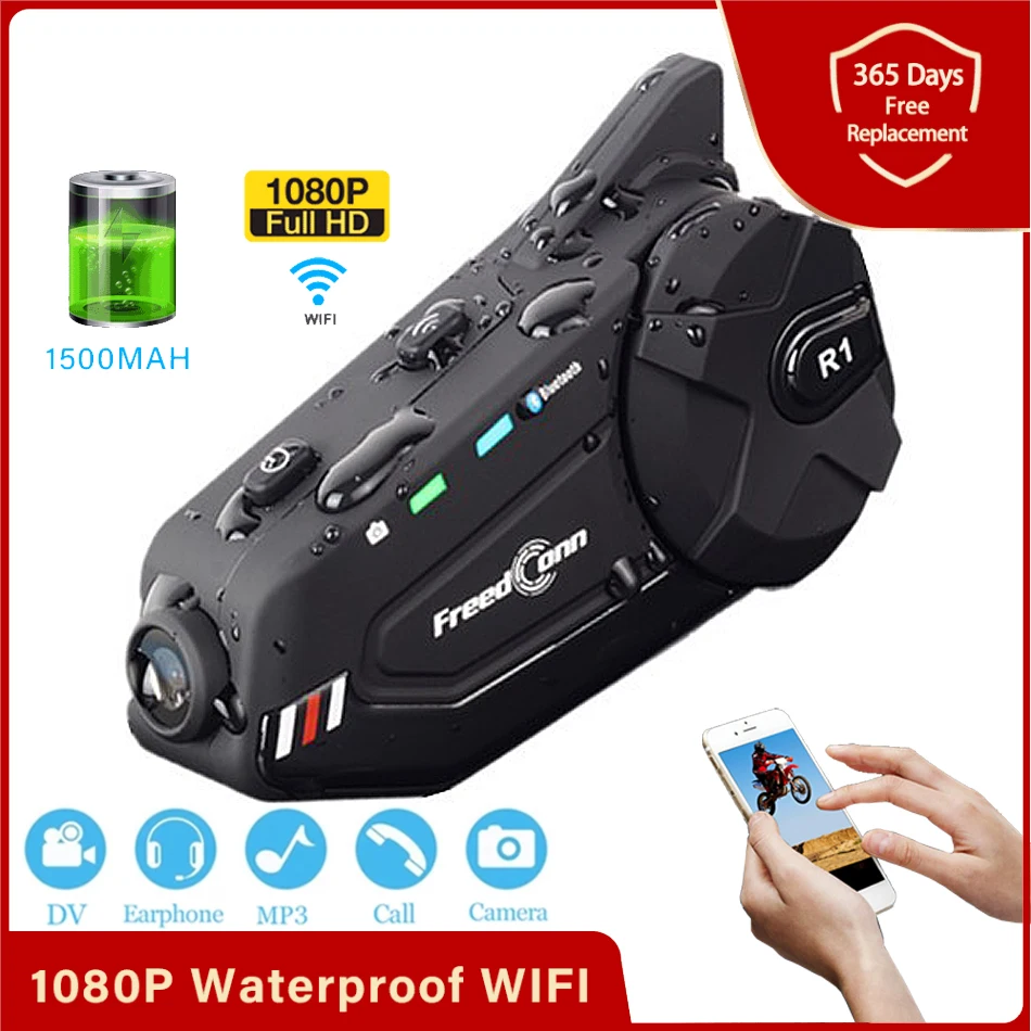 

Headset R1 Plus 1080P WiFi Motorcycle Helmet Intercom Waterproof Video Recorder 6 Riders Group Bluetooth-compatible Interphone