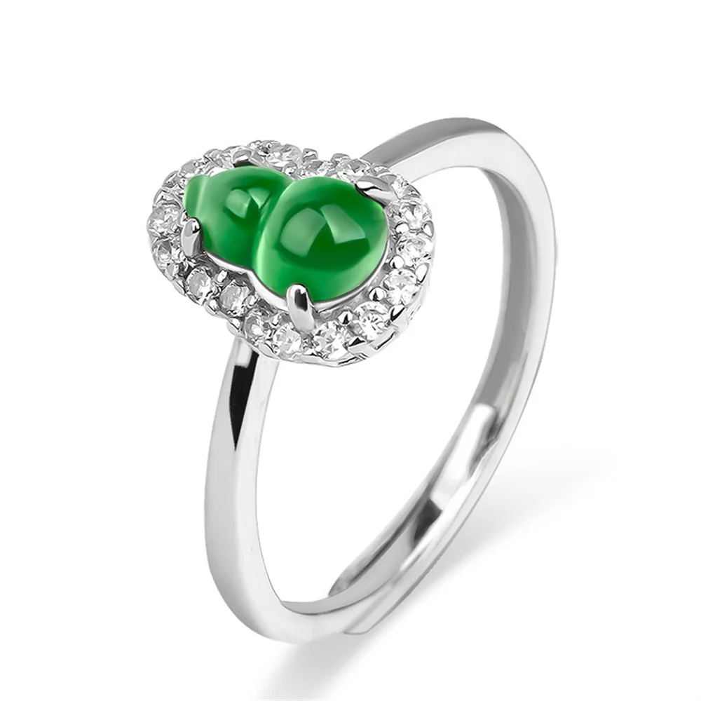 

925 Silver Natural Green Jadeite Crystal Cucurbit Finger Ring Adjustable Certificate Woman's Wedding Luxury Jade Vintage Jewelry