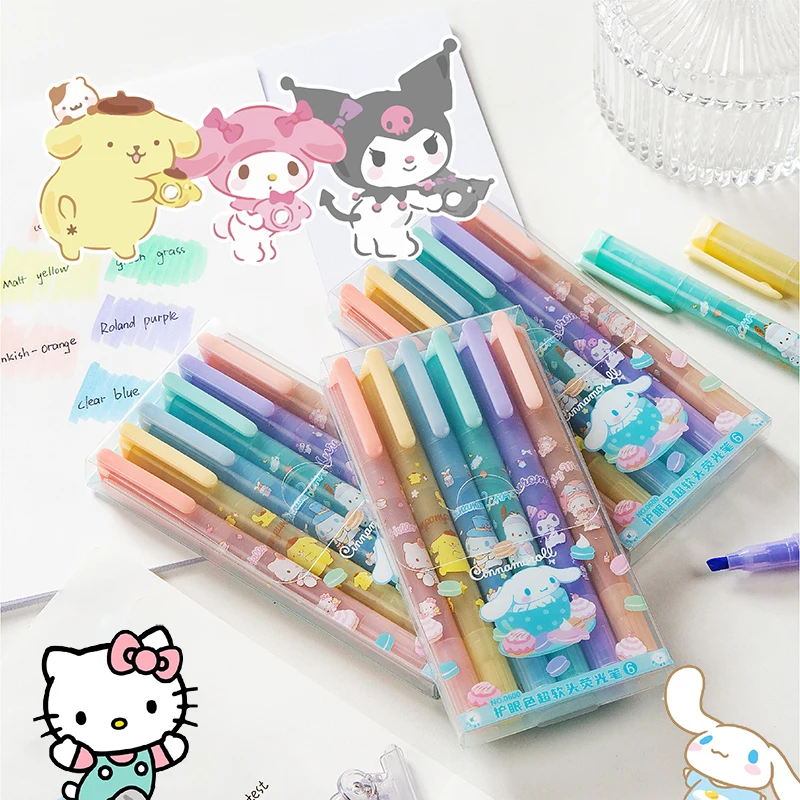 

6Pcs Kawaii Sanrio Kuromi Highlighter Hello Kitty My Melody Cinnamoroll Student Cartoon Double Headed Hand Account Graffiti Pen