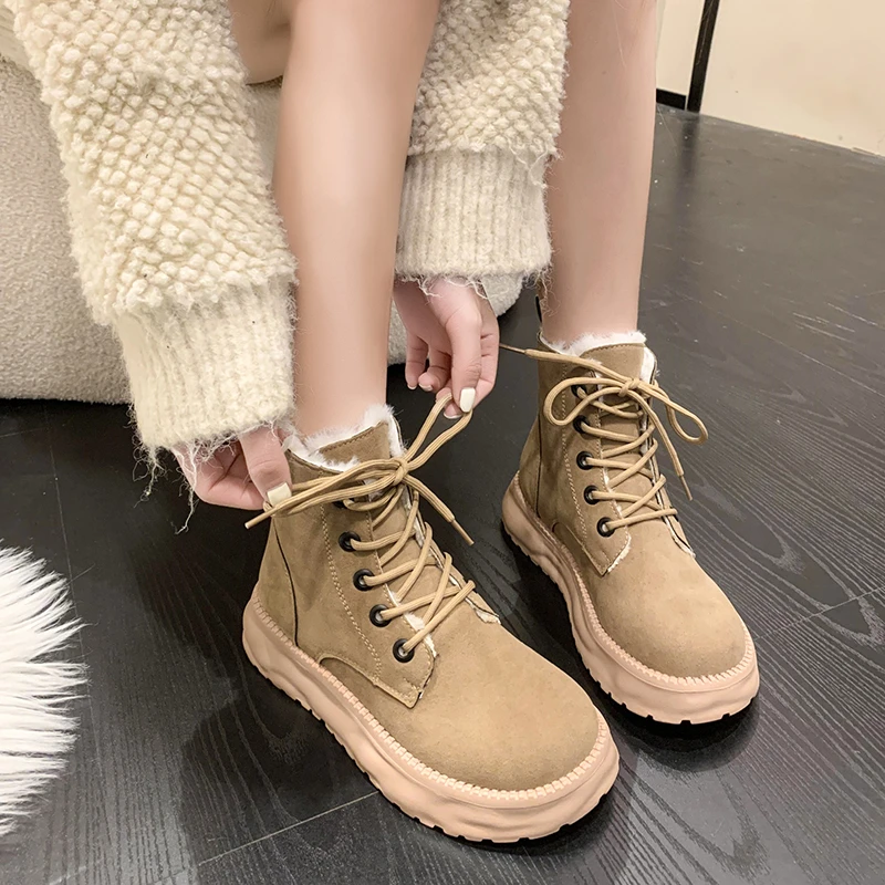 

Новинка 2023, женская обувь, женские ботинки с перекрестной шнуровкой, модные современные ботинки с коротким плюшем, Женская Популярная обувь на плоской подошве с круглым носком, ботильоны