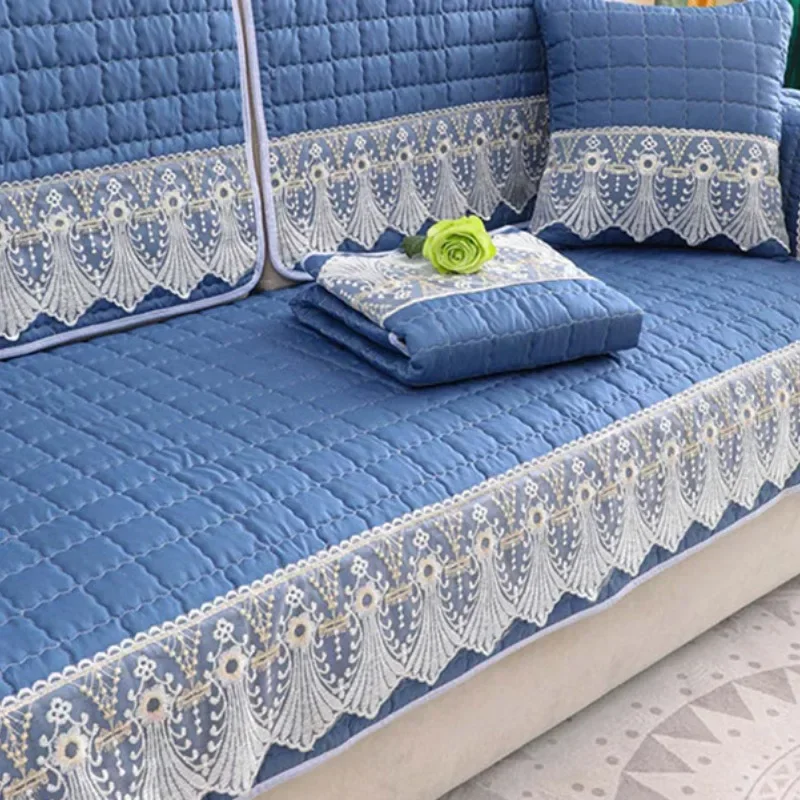 Хлопковый стеганый чехол для дивана цветочный синий клетчатый секционный