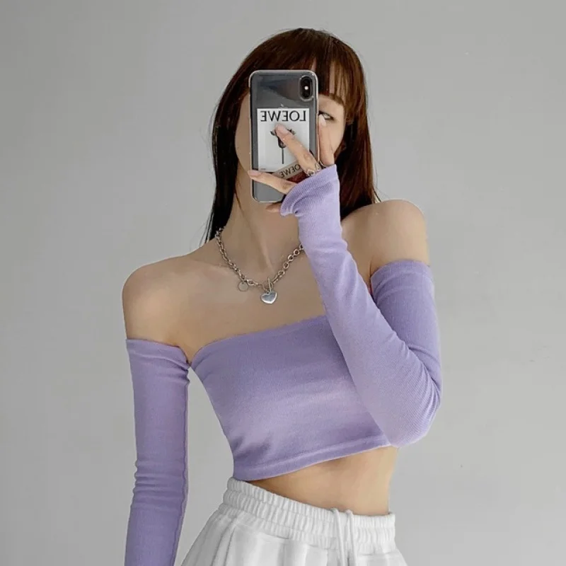 

Women's fashion word neck wrap belly button tube top long sleeve T-shirt women