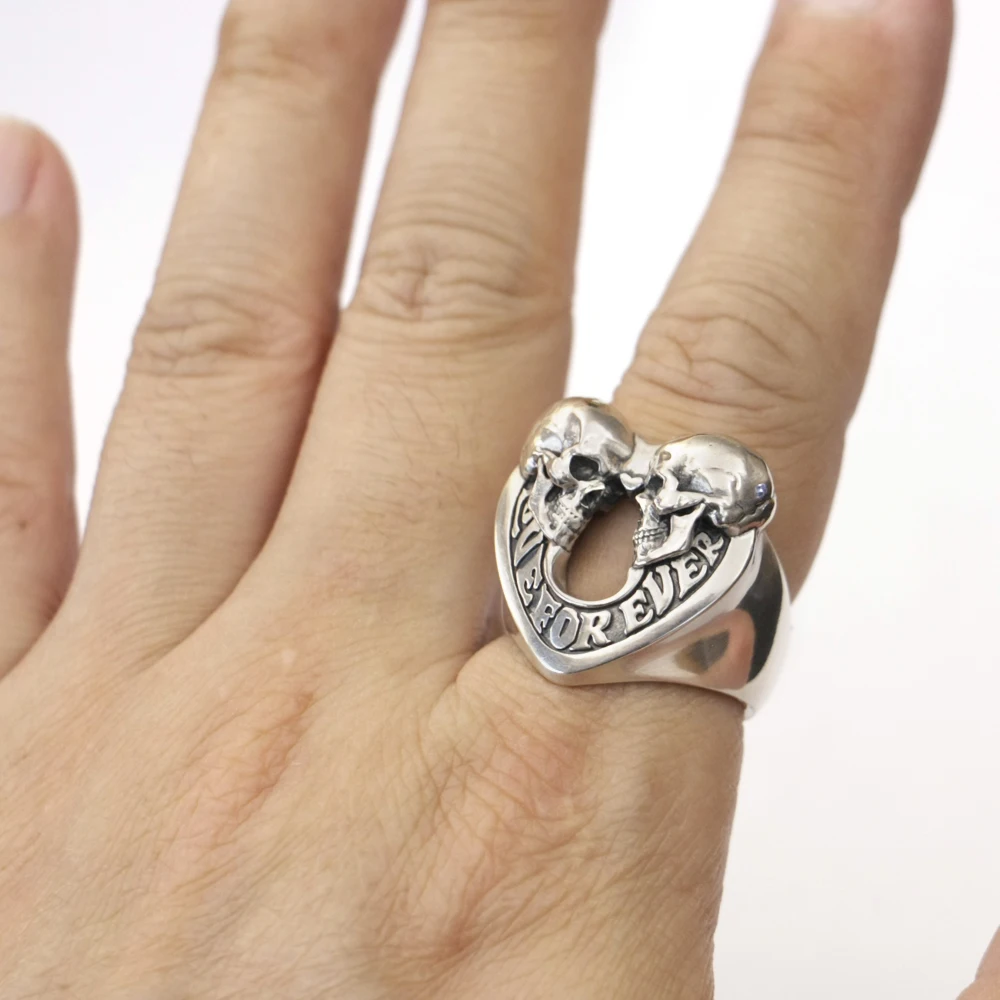 Кольцо из стерлингового серебра 925 пробы Love Forever Skulls Heart Biker Punk Ring TA443 размер США 6 ~ 15