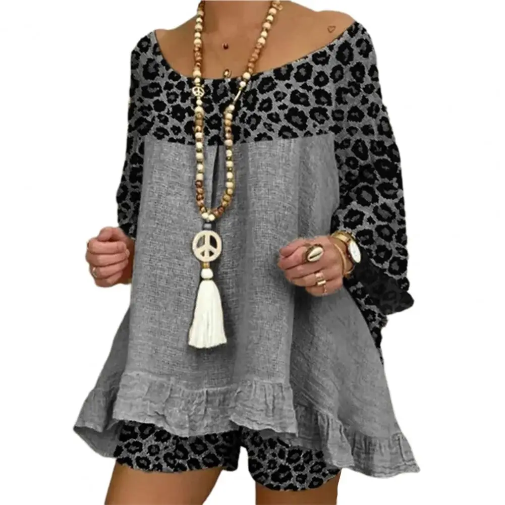 

2Pcs/Set O-neck 3/4 Sleeve Ruffle Hem Ladies Suit Vintage Leopard Patchwork Top Shorts Set for Going Out Summer Outfits Women
