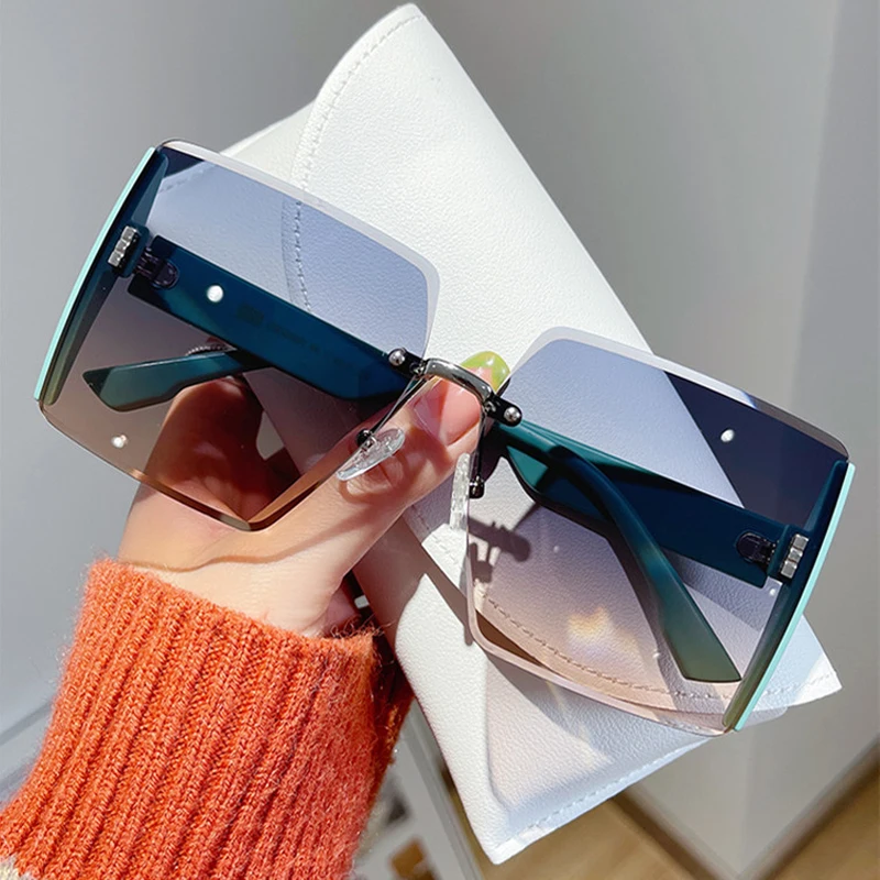 

Large Frame Sunglasses New Square Rimless Cut Edge Eyeglasses Women Fashion Design Sun Glasses Gradient Color Eyewear Goggles