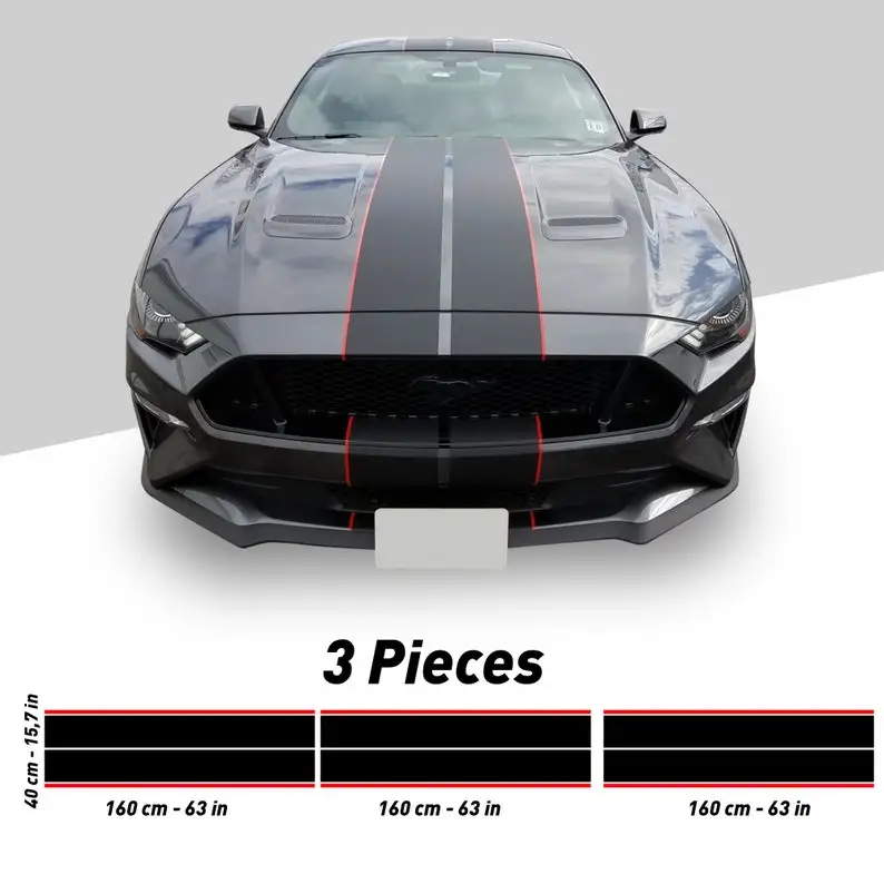 

3 Pieces - Mustang Dual-Lane Stripe Decal - Front Hood Roof - Car Decal - Car Sticker - Racing Dual Stripes Custom Fit