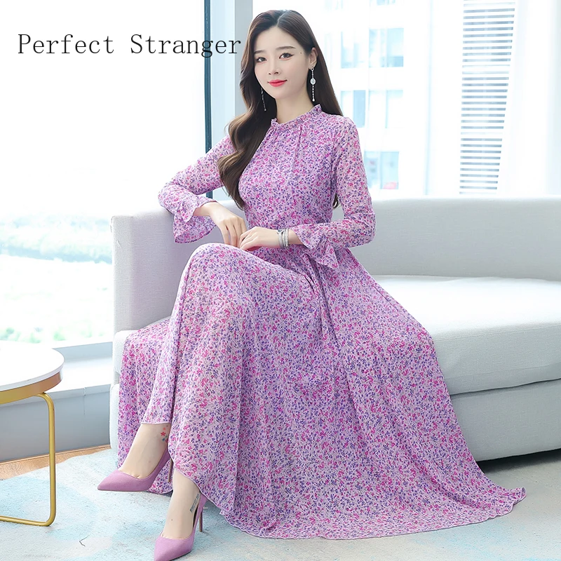 

2023 Autumn New Arrival High Quality Retro Round Collar Long Sleeve Collect Waist Women Long Chiffon Dress