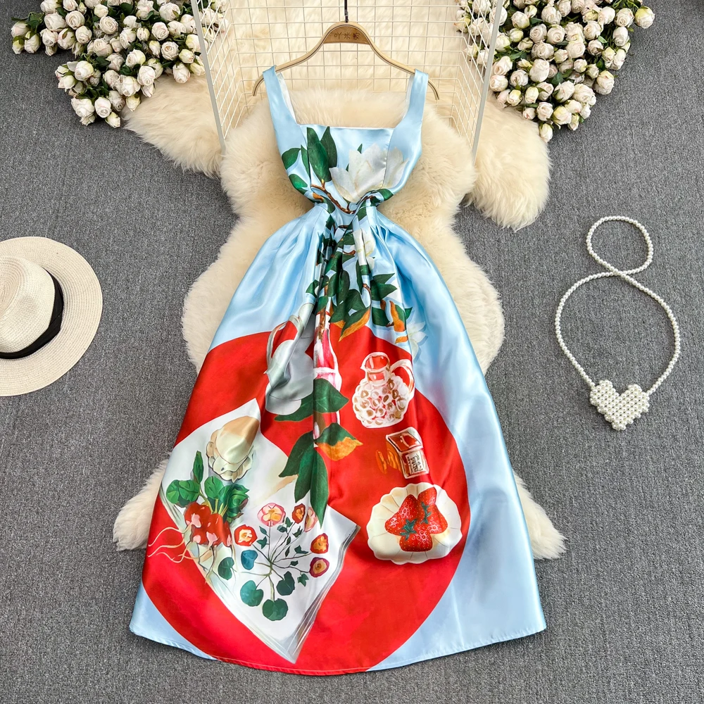 Summer Senior Sense of Light Luxury Temperament Waist Slimming Printing Sleeveless Elegant Temperament Large Swing Skirt