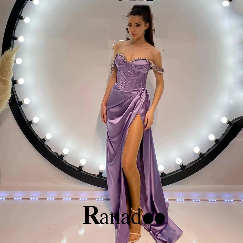 

Ranadoo High Side Slit Evening Gowns For Women Trumpet Zipper Court Train Off The Shoulder Rhinestone Valentine's Day Party Gown