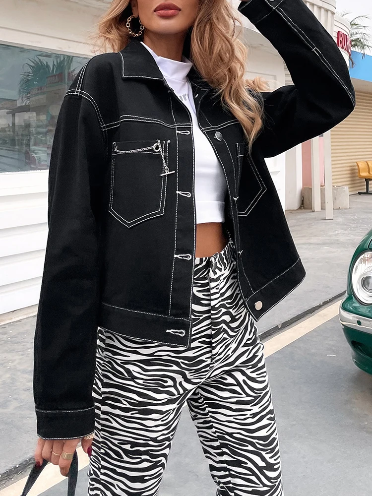

Ailegogo New Spring Summer Women Loose Single Breasted Black Denim Jacket Streetwear Female Pocket Jeans Coat Outwear