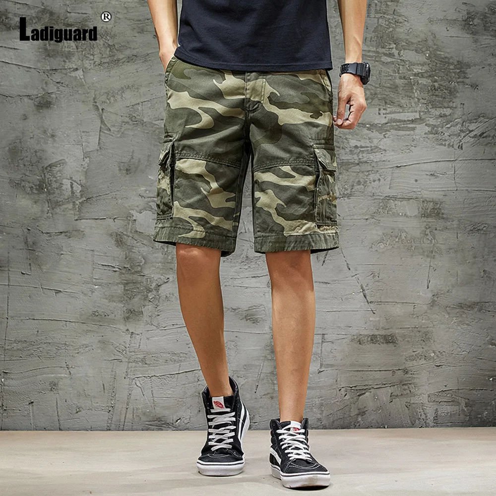 Ladiguard 2023 New Spring Outdoor Camouflage Shorts Plus Size Mens Casual Stand Pockets Half Pants Male Drawstring Beach Shorts