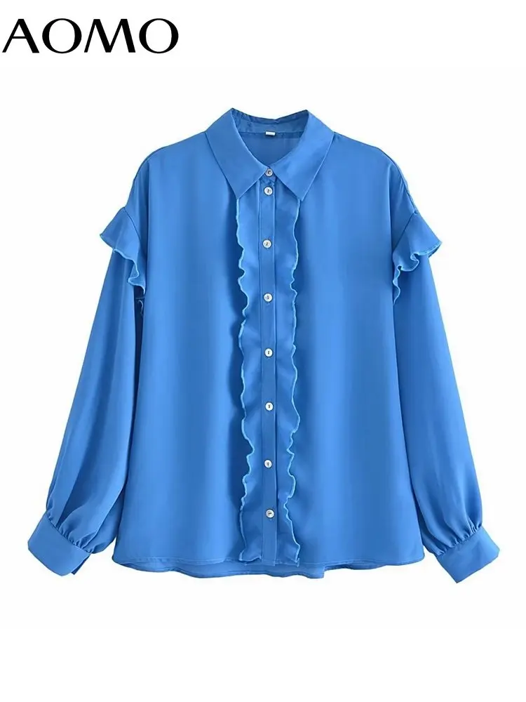 

Женская голубая блузка AOMO с оборками, шикарный женский Топ с длинным рукавом 5D35A, 2022